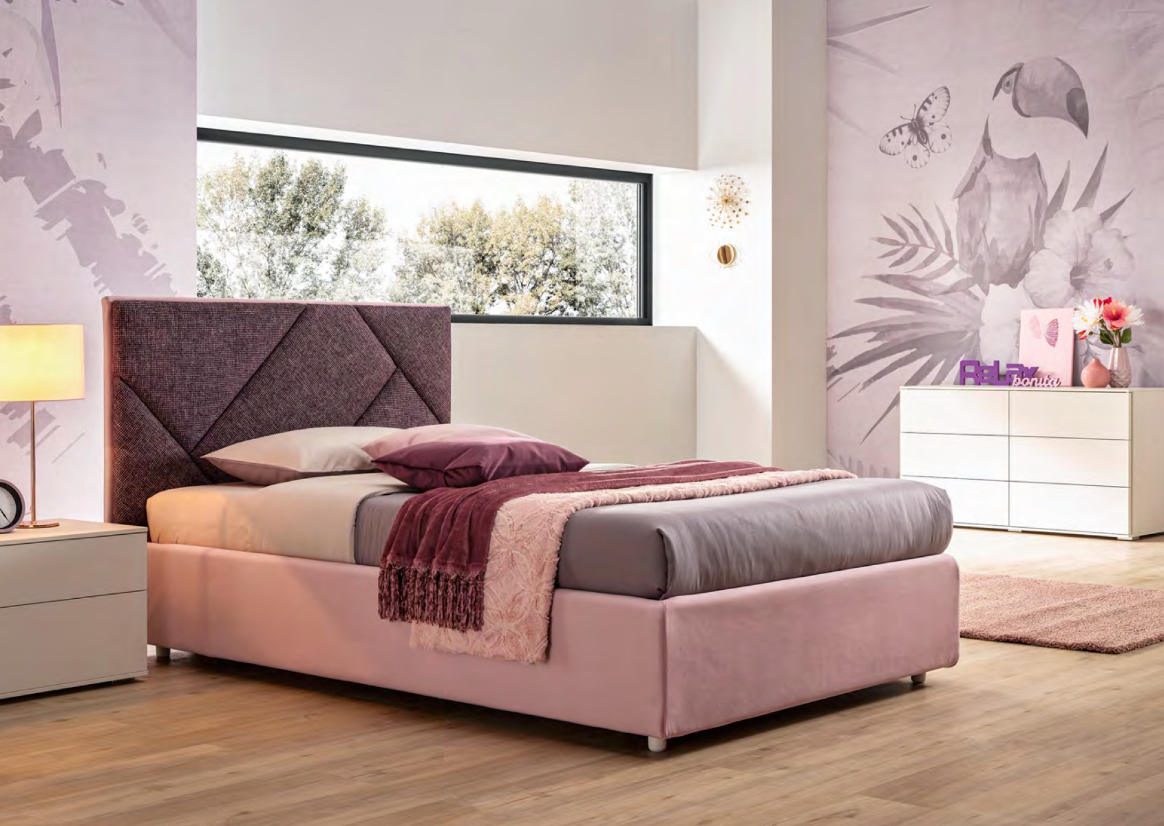 Letto da 1 piazza e mezza Cross Moretti Compact in tessuto Flamingo e Viola mirto