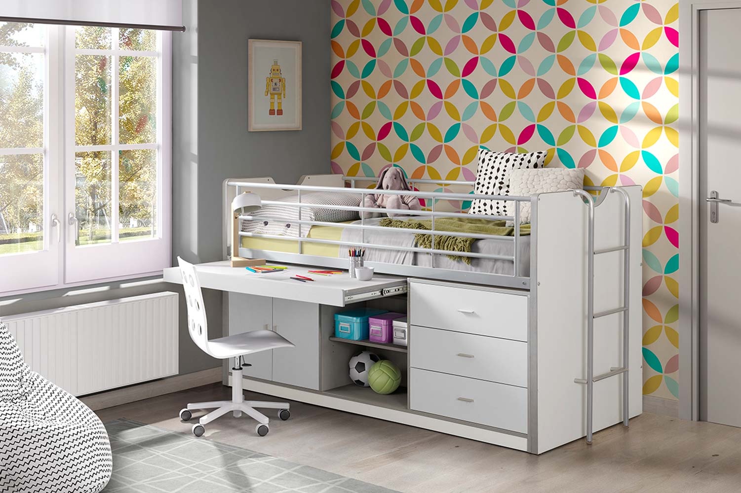 Letto salvaspazio con scrivania integrata, disponibile diversi colori