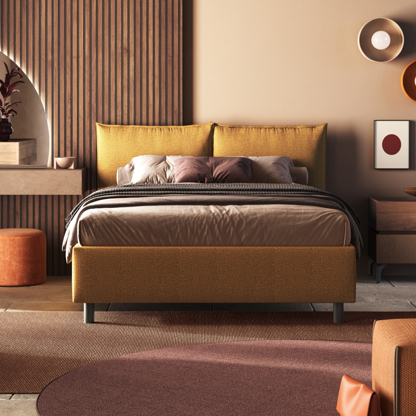 Letto matrimoniale con cuscini, tessuto Bouclè Senape