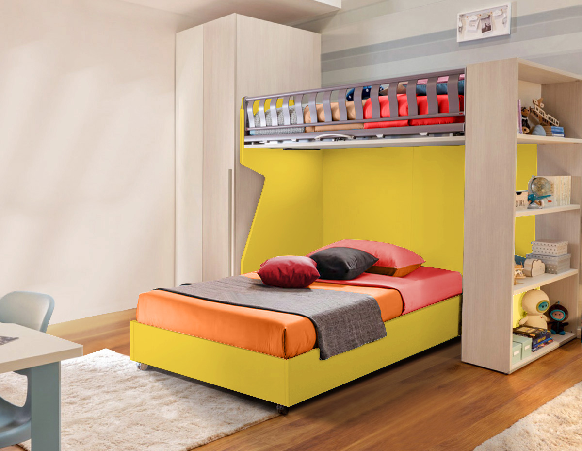 Letto sommier piazza e mezza con ruote, finitura Giallo senape Zenzero Shop