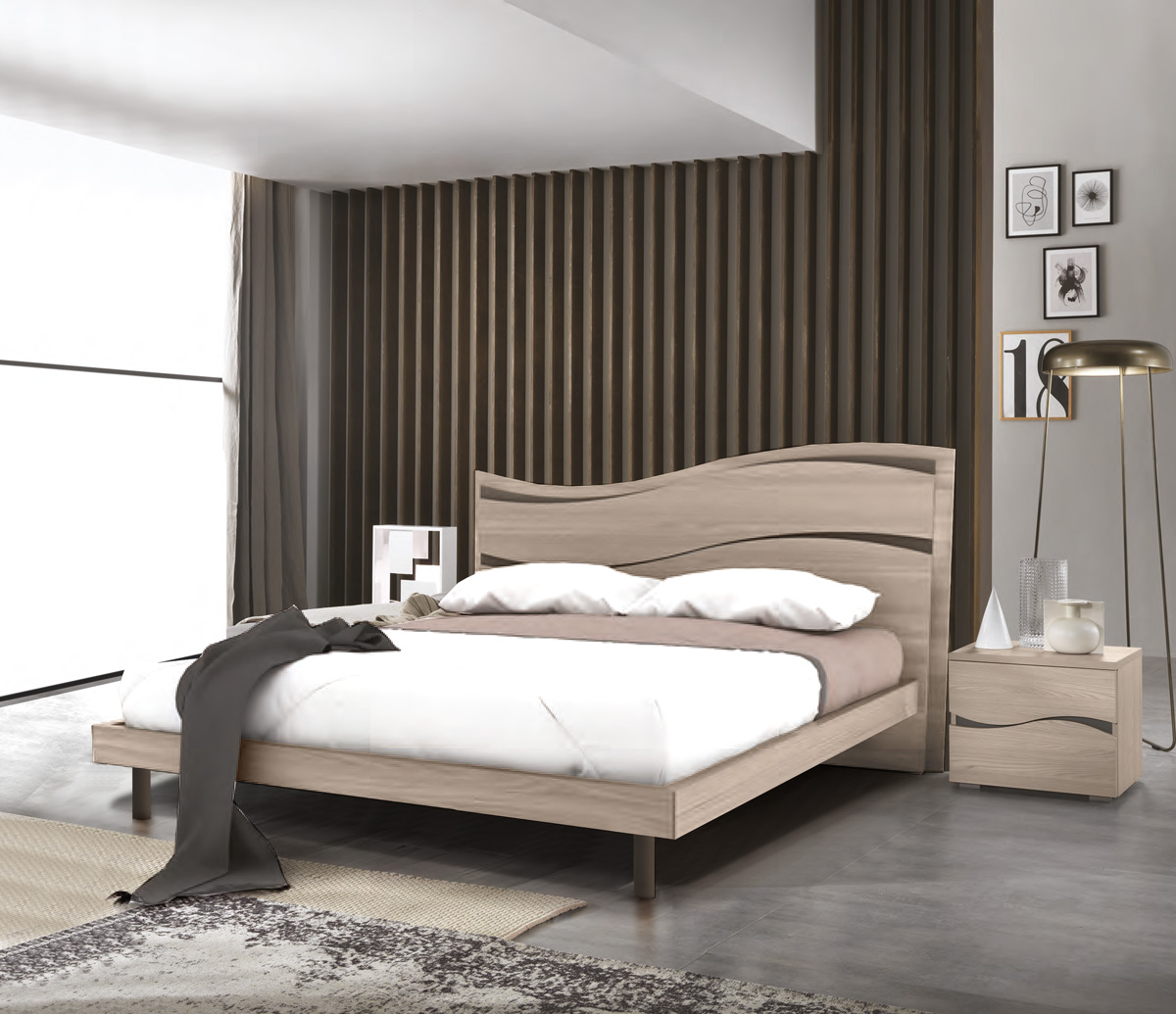Letto matrimoniale, finitura Olmo Perla e grigio fango