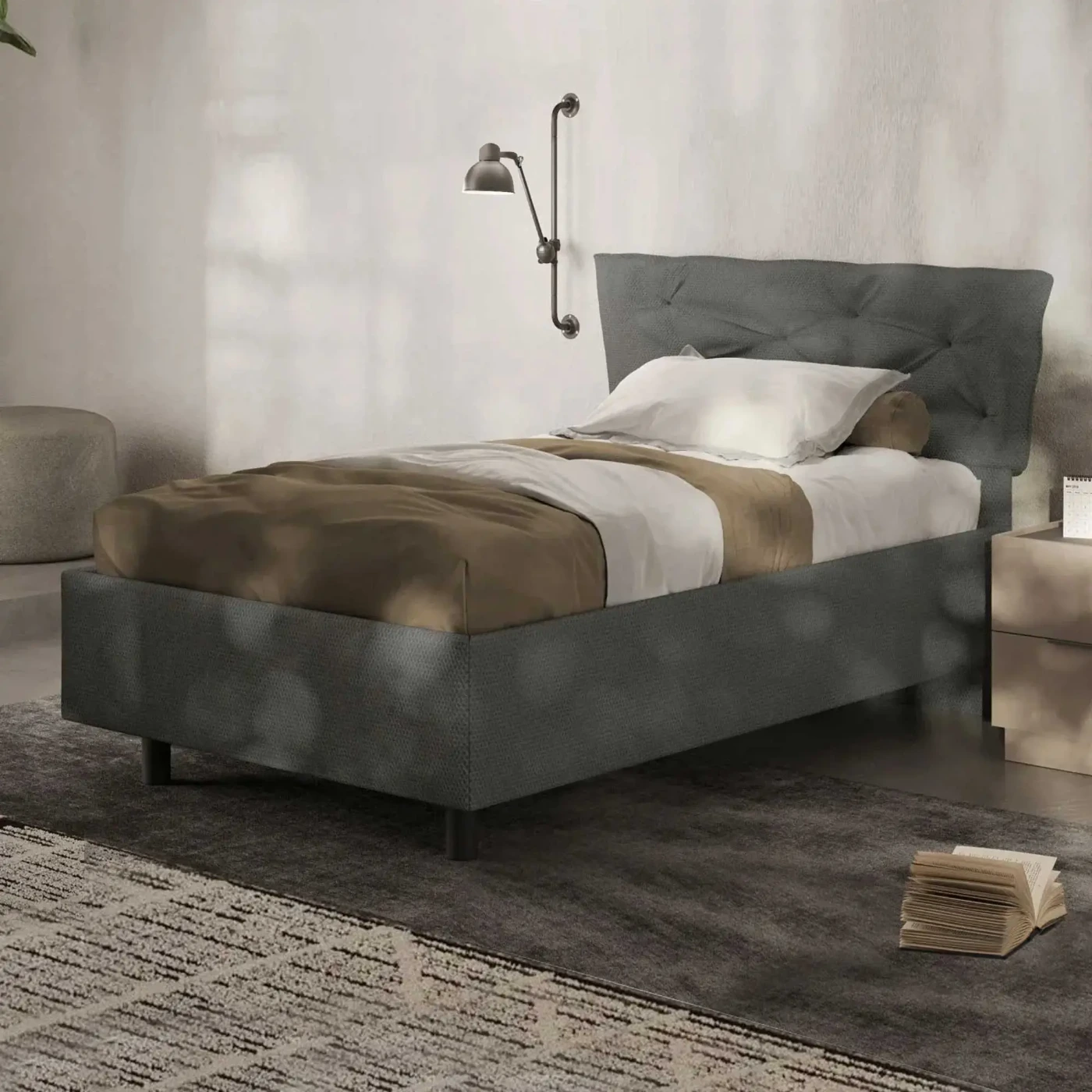 Letto piazza e mezza in tessuto colore Fumo in sconto Zenzero Shop