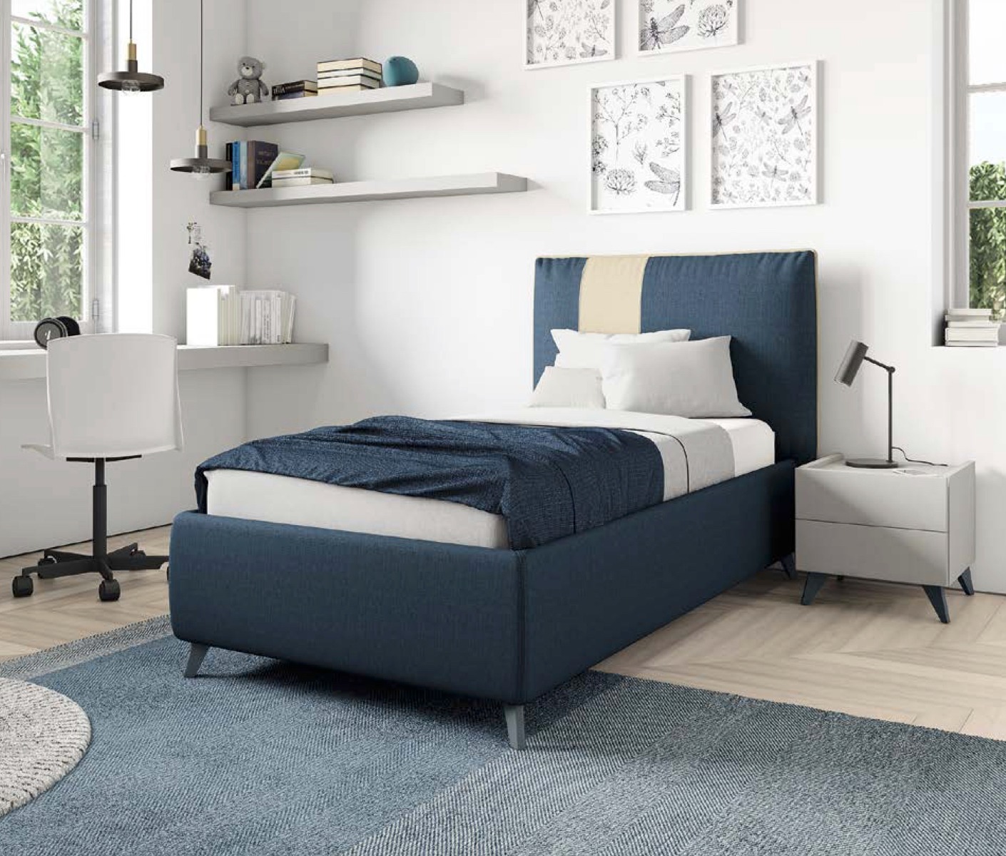 Letto singolo in tessuto, finitura Blu opale e Desert