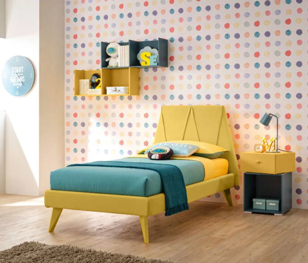 Letto singolo Peak Poly Moretti Compact in tessuto VL 21 con piedini Ocra