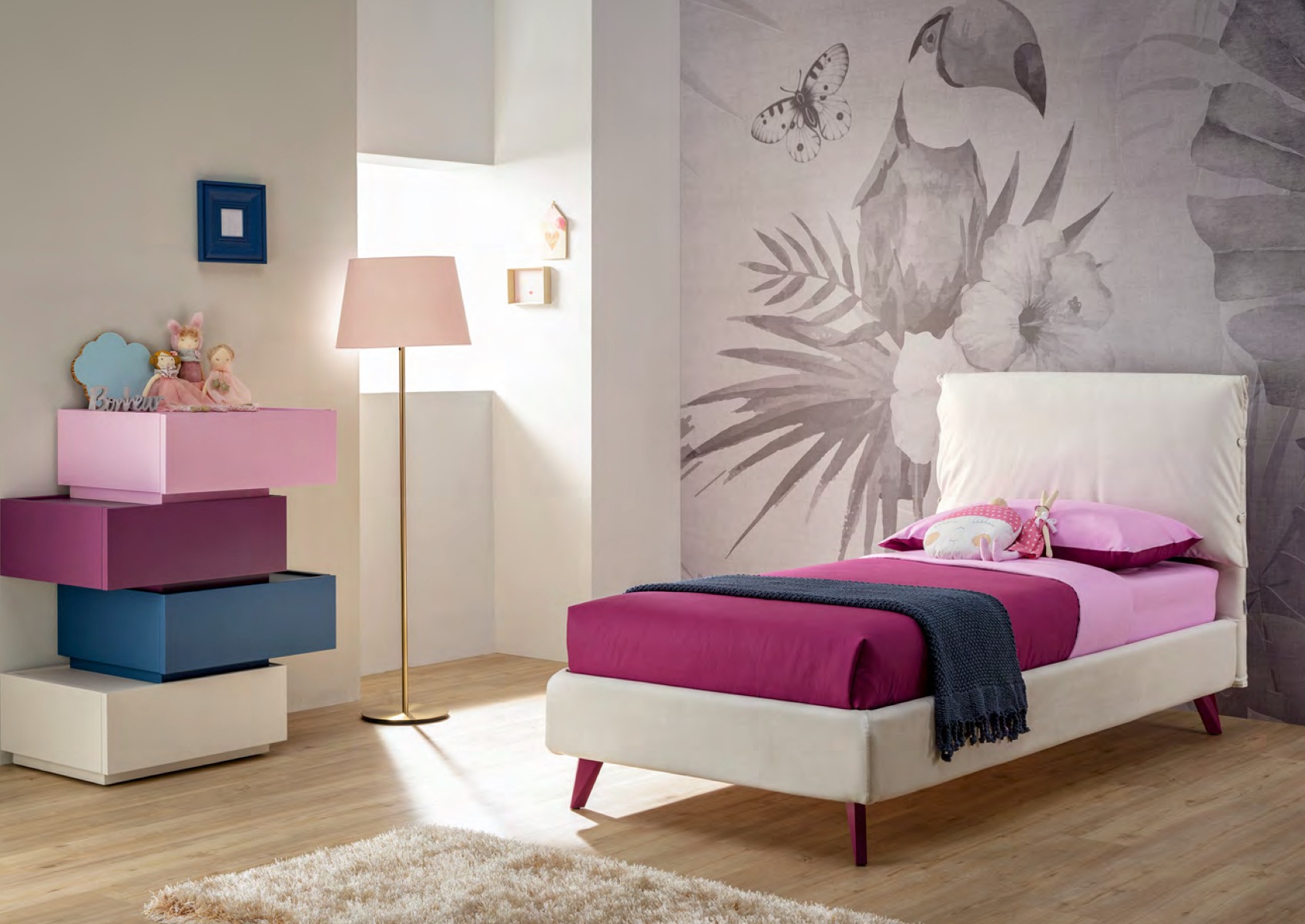 Letto singolo Ginger Moretti Compact con cuscino nella testata, Cotone e Lampone