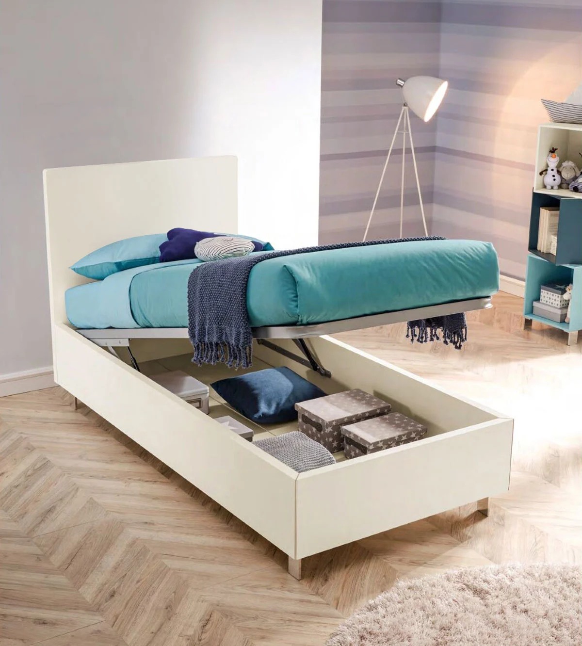 Letto singolo contenitore Plane Moretti Compact, finitura Bianco luce