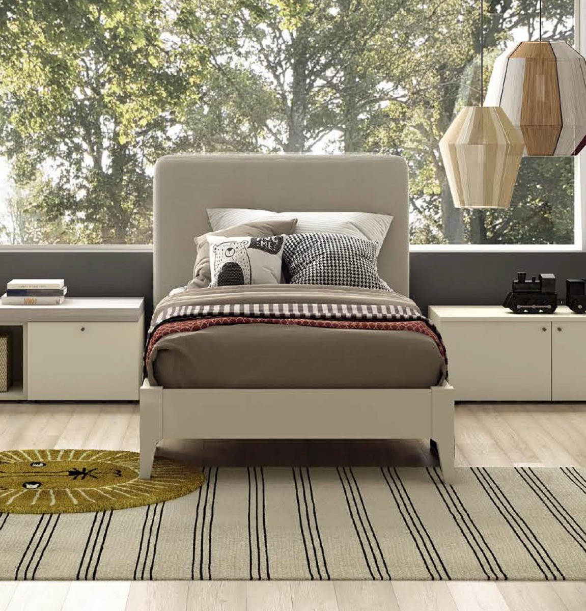 Letto in tessuto singolo per camerette, finitura Zinc e Desert