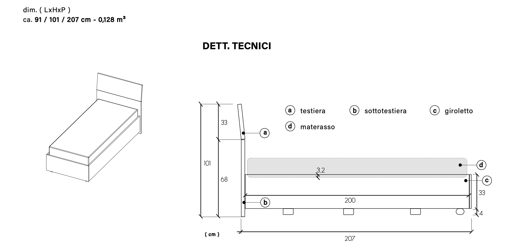 Letto singolo moderno, finitura Mercure, 80x195