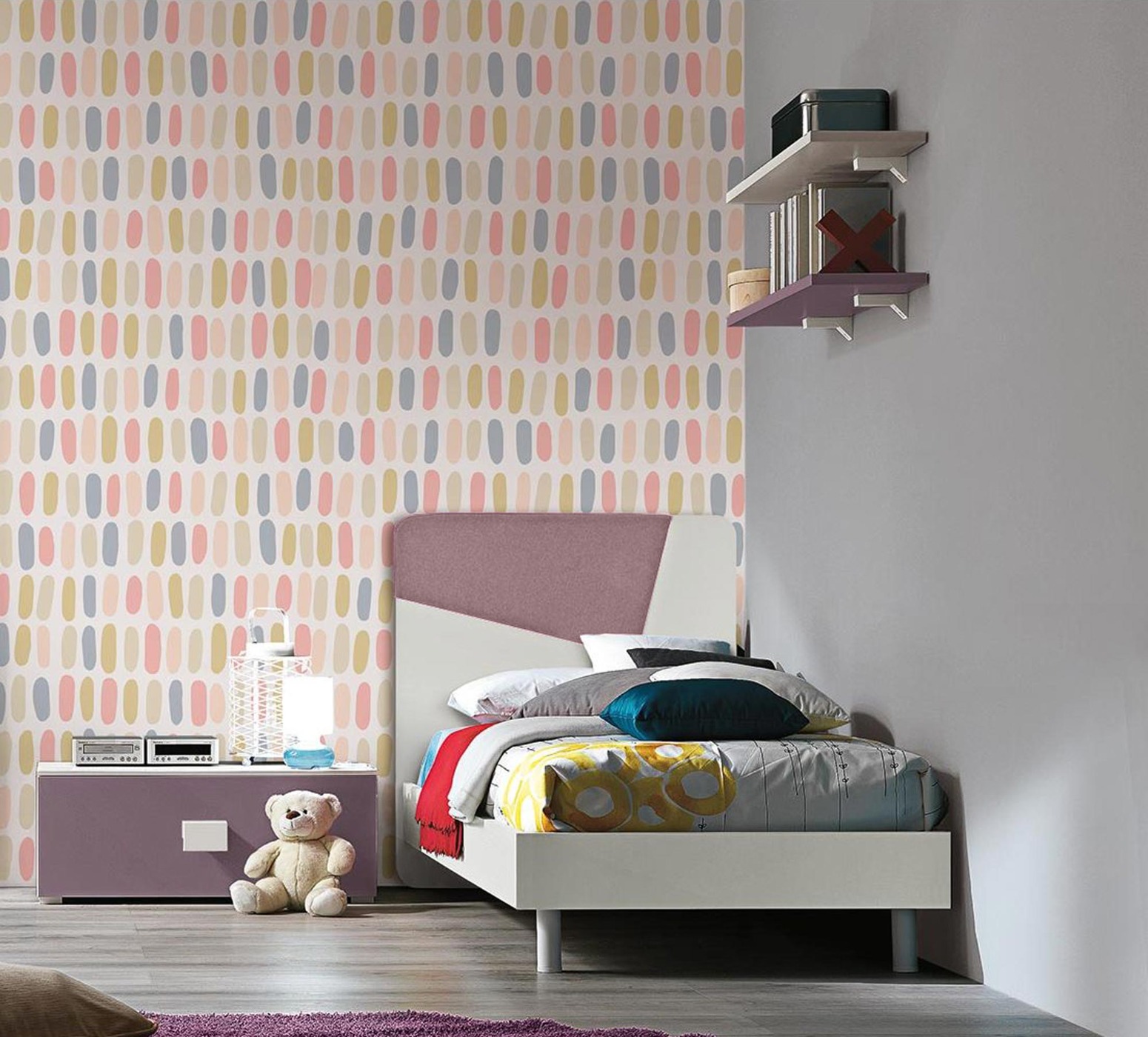 Letto singolo Ginger con  in finitura Bianco frassino e tessuto Violetta