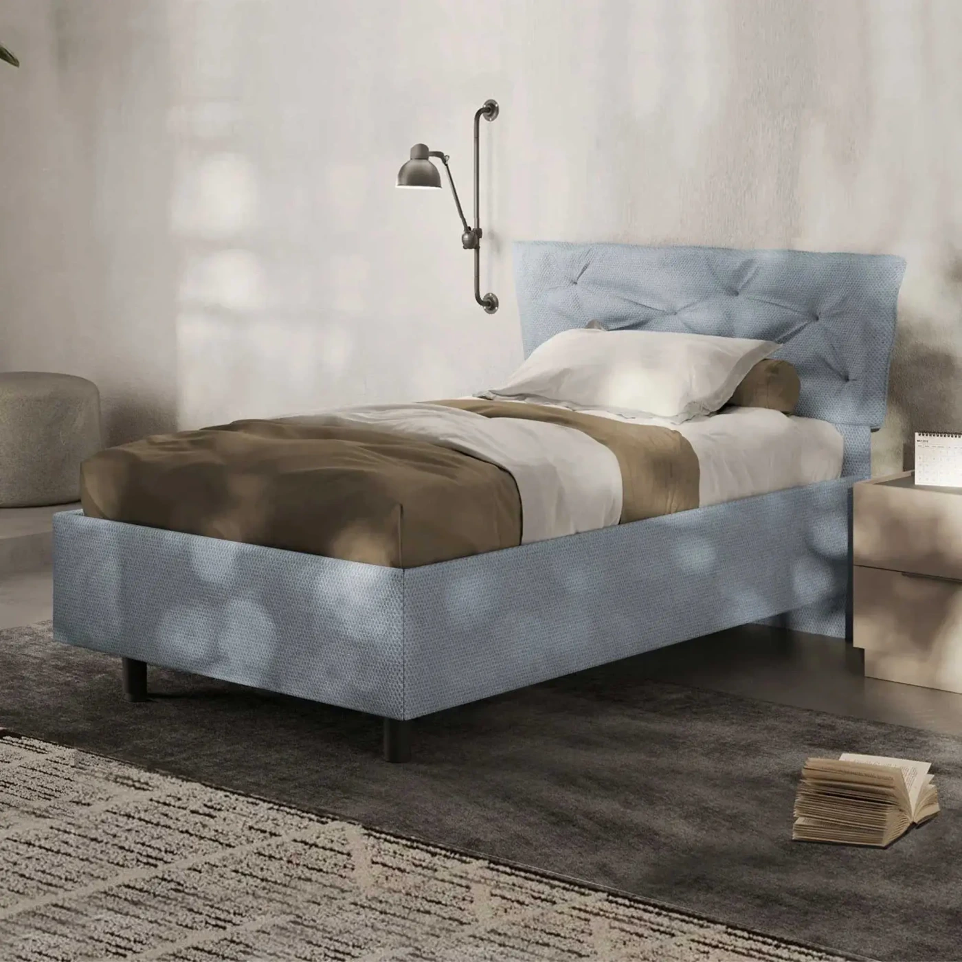 letto singolo azzurro imbottito