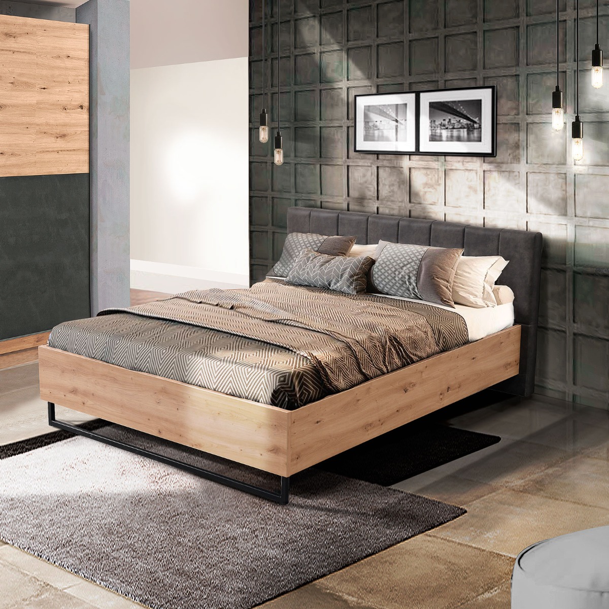 letto moderno legno e ecopelle