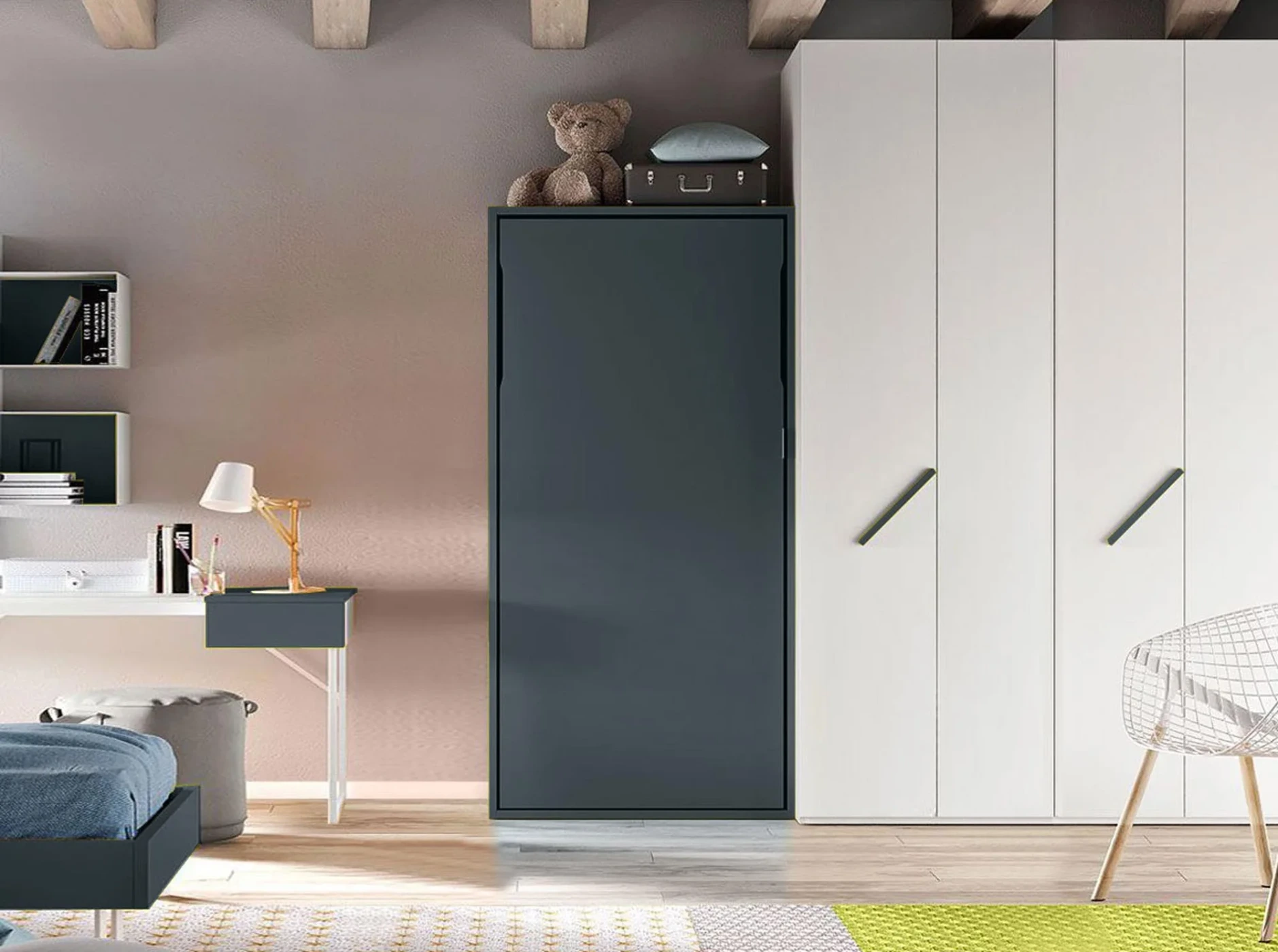 Letto salvaspazio verticale, a scomparsa in finitura Blu reale