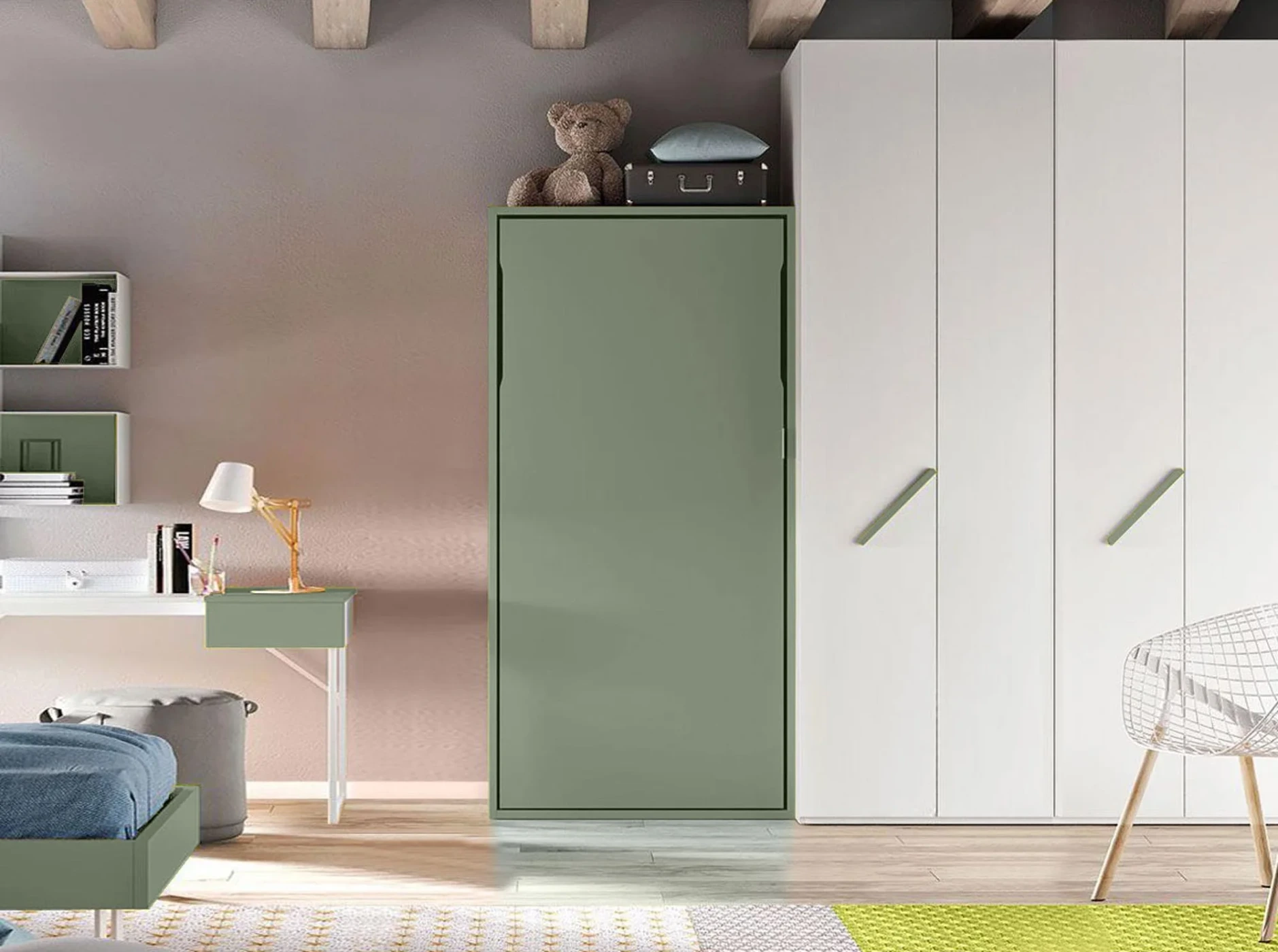 Letto salvaspazio verticale, a scomparsa in finitura Salvia