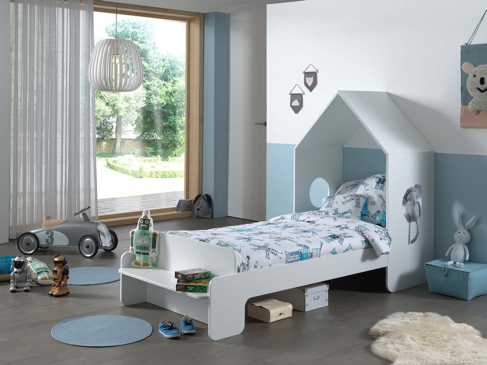Letto singolo design casetta per bambini, bianco laccato