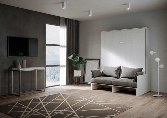 Letto Slide a scomparsa Sofà matrimoniale, color Bianco frassino