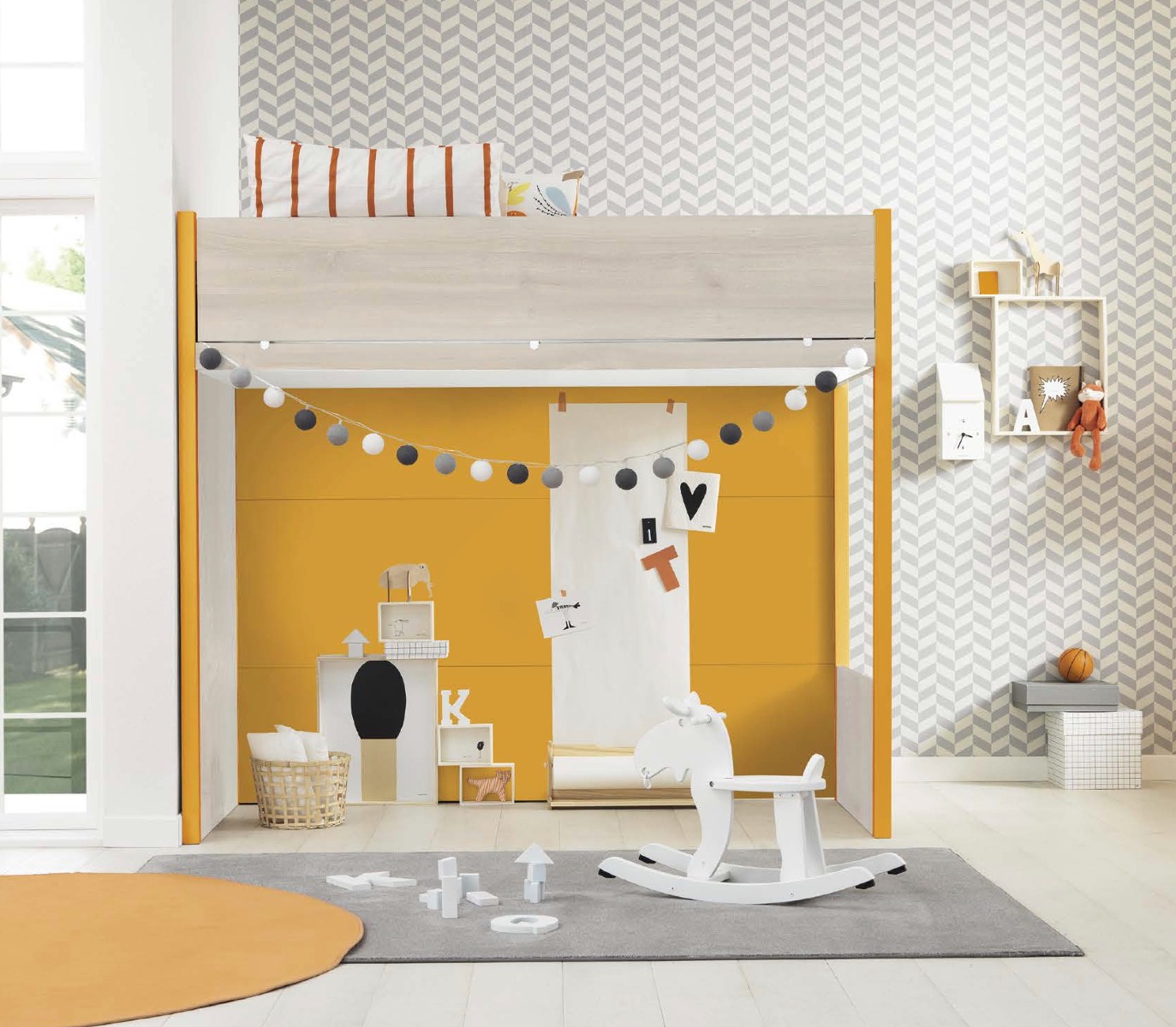 Letto soppalco per camerette, finitura Ciliegio bianco e Albicocca