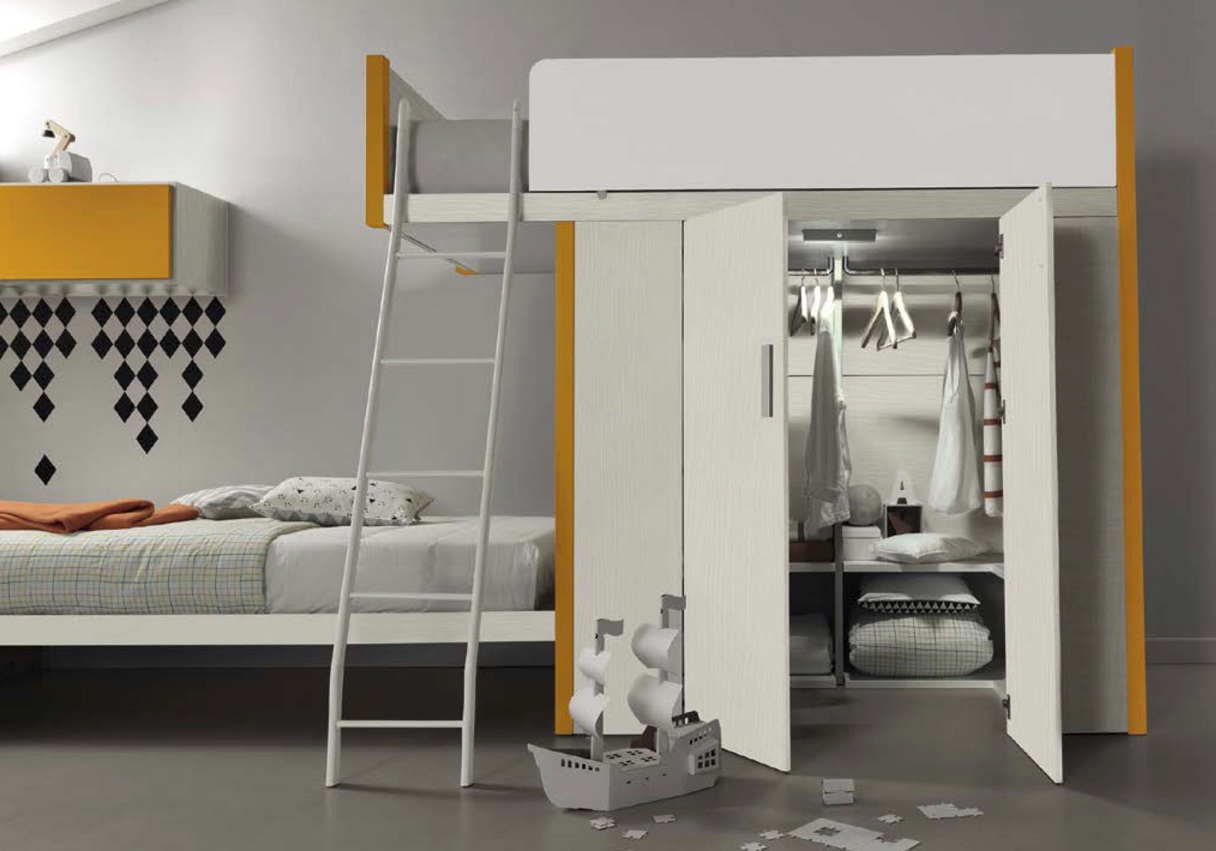 Letto soppalco con cabina e secondo letto, finitura Rovere dorian e Albicocca