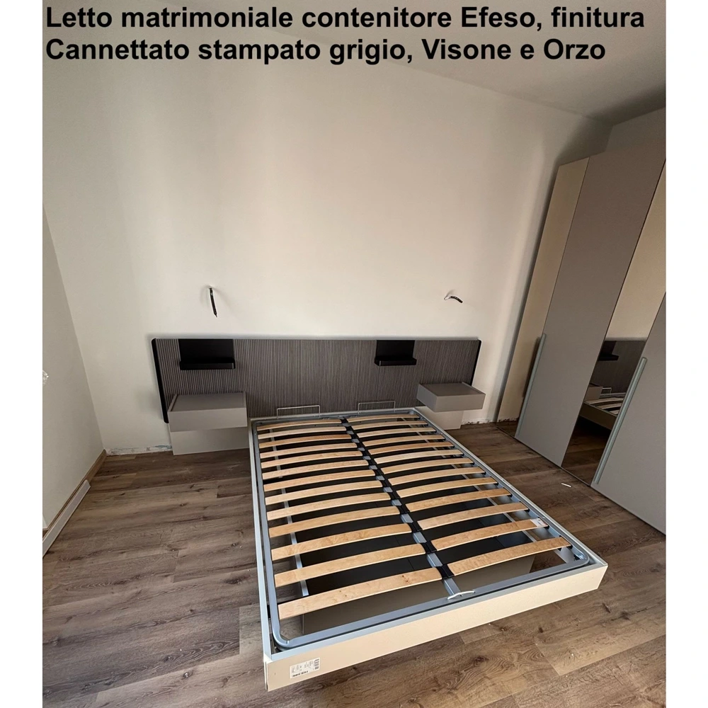 Letto matrimoniale contenitore Efeso, finitura cannettato e grigio seta