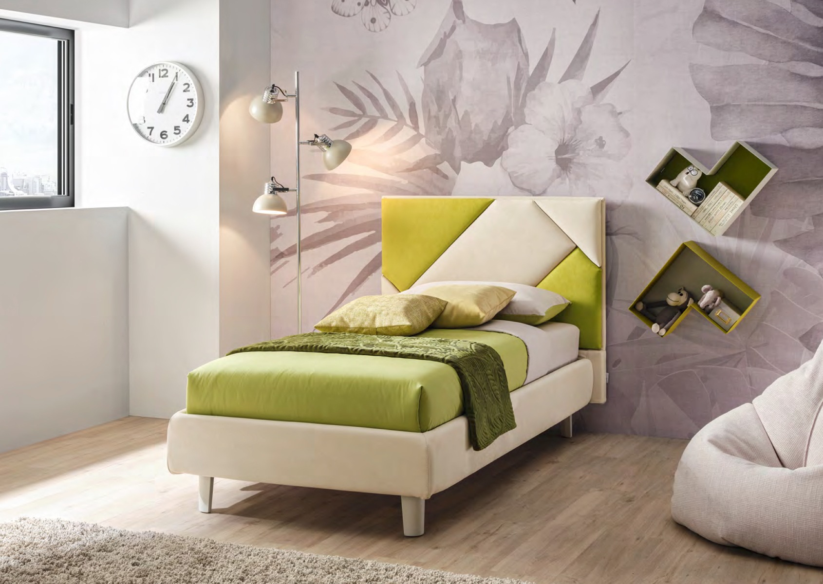 Letto singolo Cross Moretti Compact in tessuto, finitura Pistacchio e Rugiada