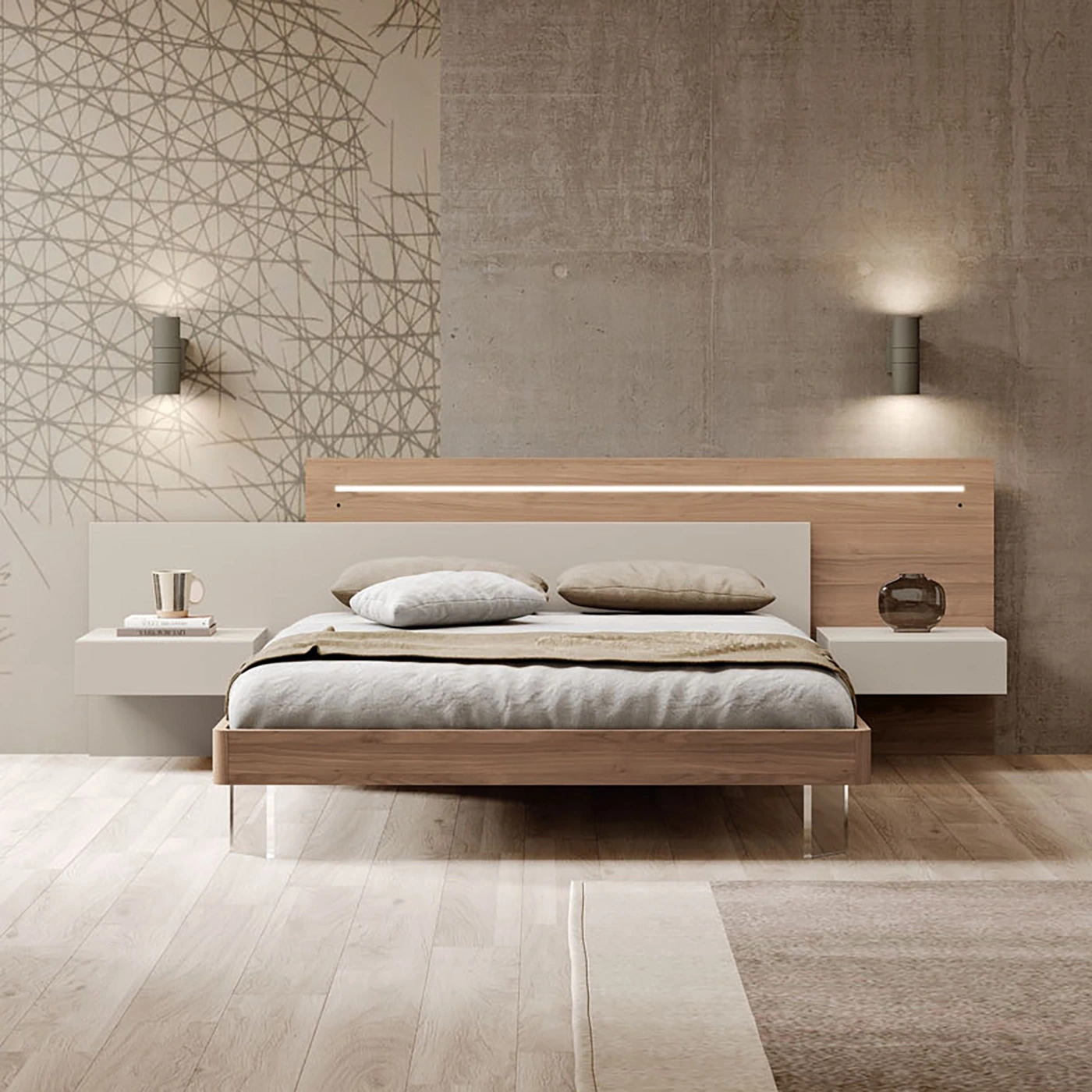 Letto matrimoniale con testata doppia, Sequoia Honey e Corda, L.240 H.96 P.204