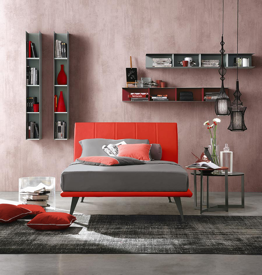 Letto rosso una piazza e mezzo, finitura Ecopelle