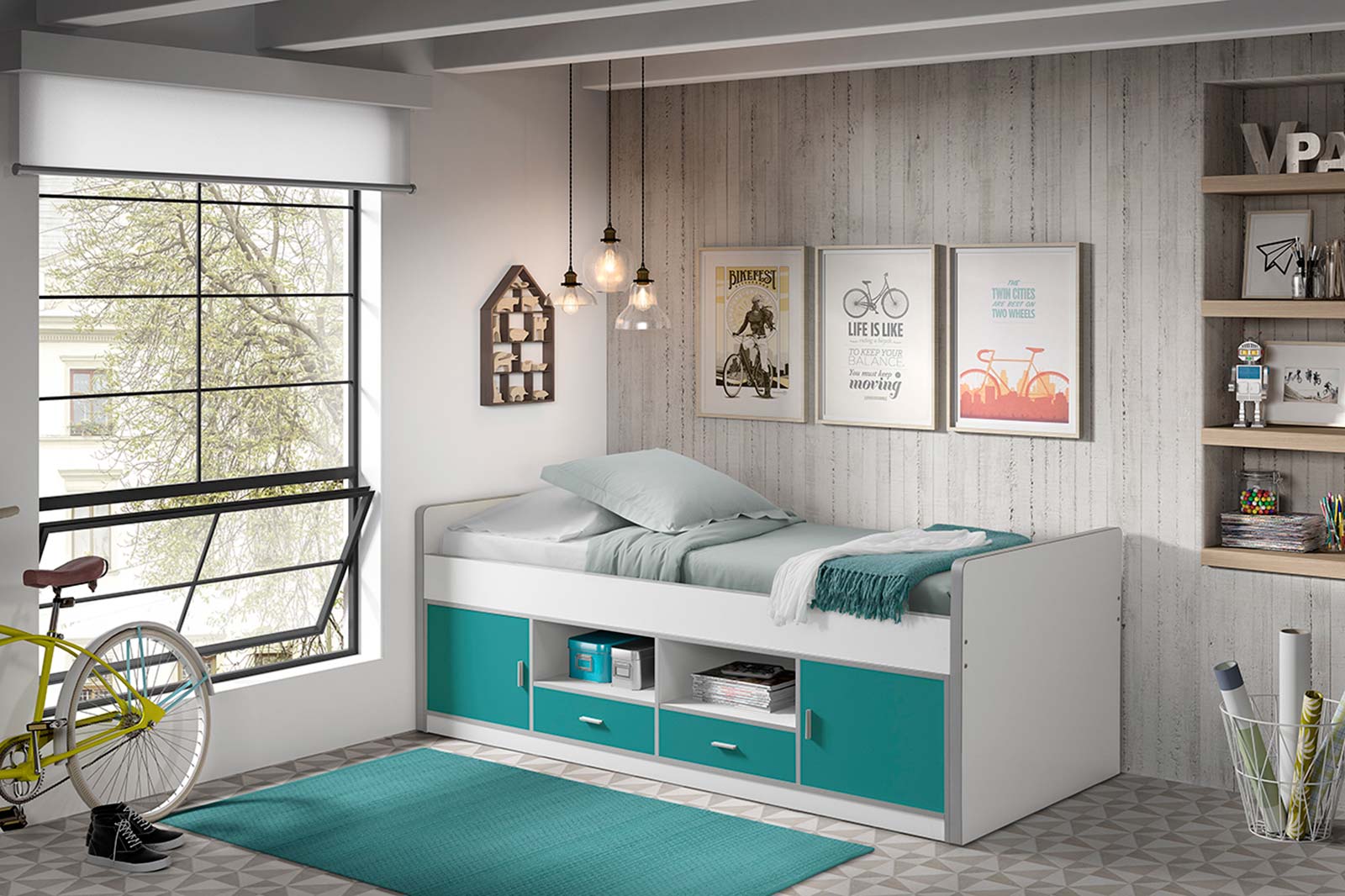 Letto salvaspazio con cassetti, disponibile in 7 colori