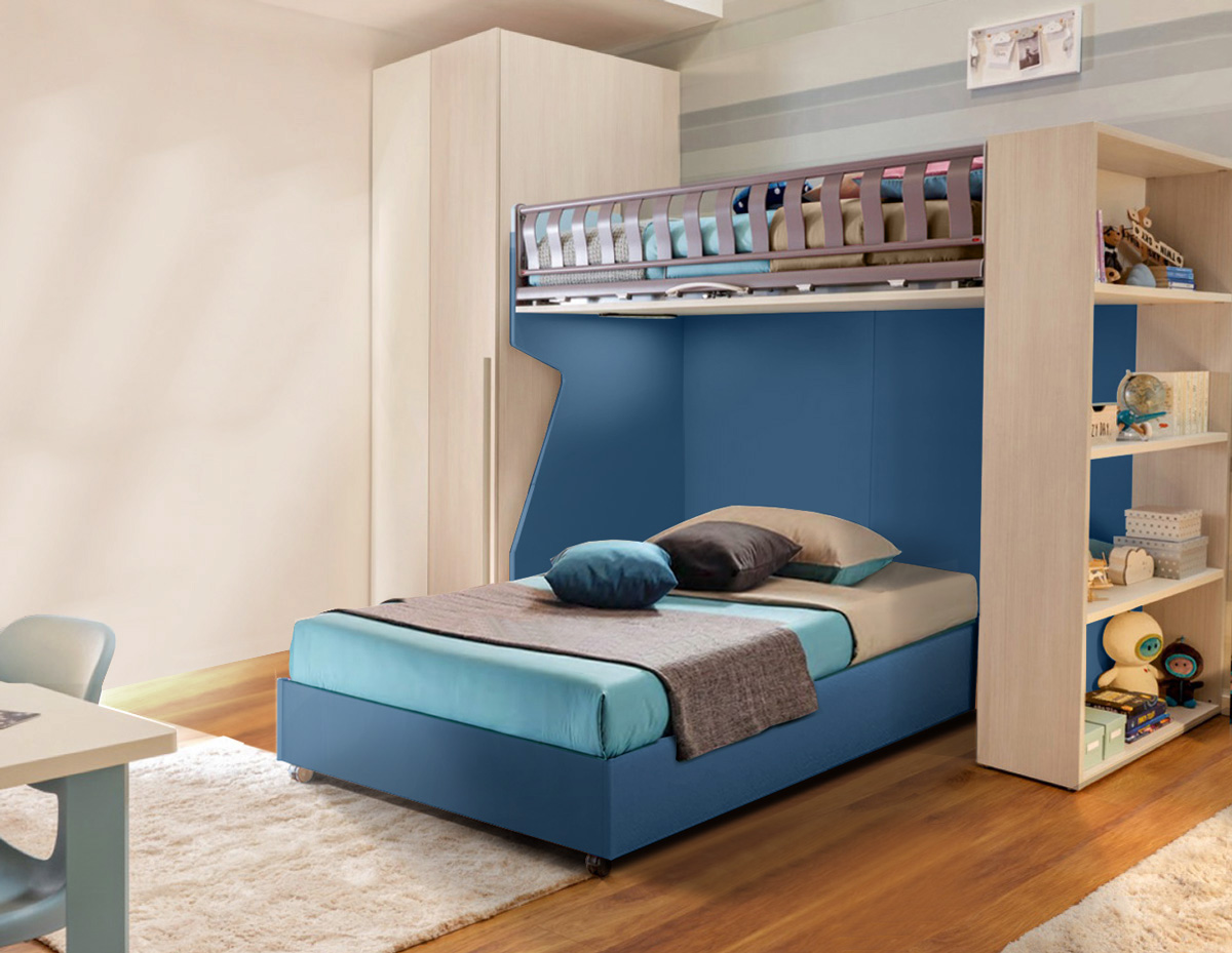 Letto piazza e mezza sommier con ruote, finitura Blu navy Zenzero Shop