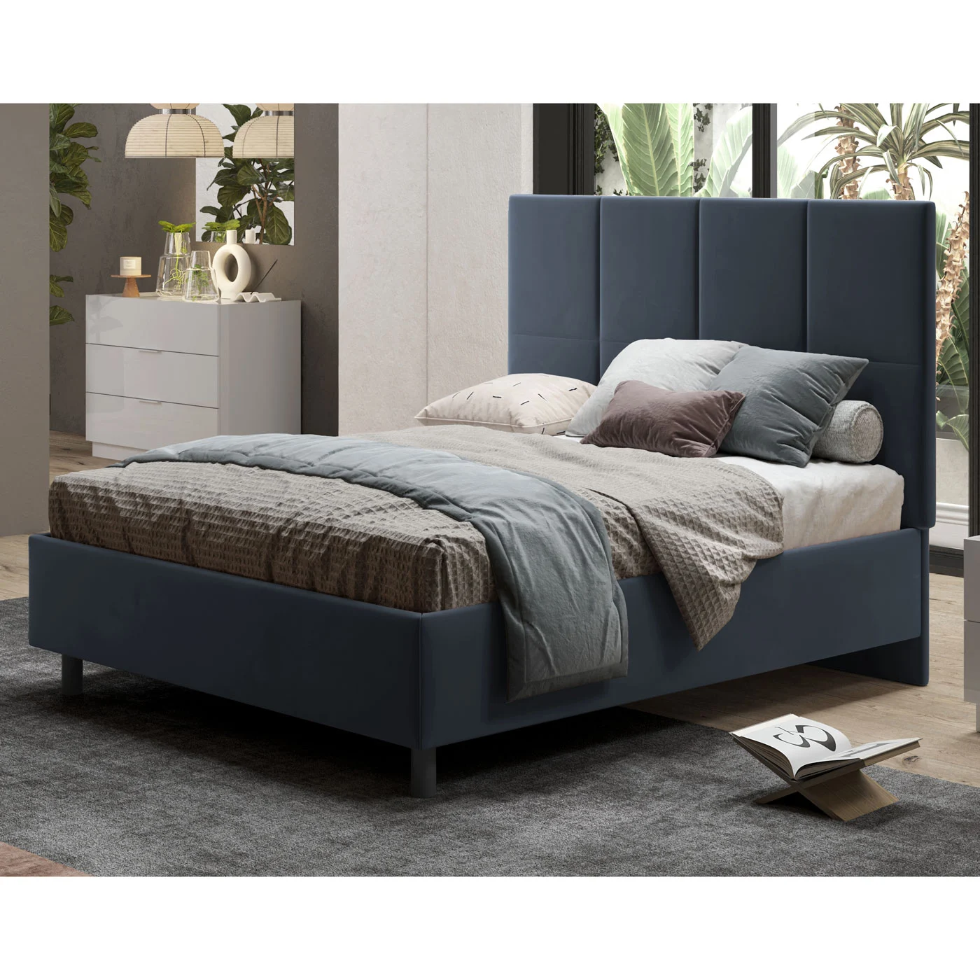 letto in velluto blu scontato