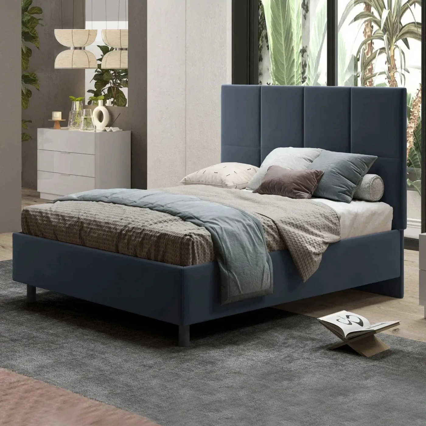 letto in velluto blu scontato
