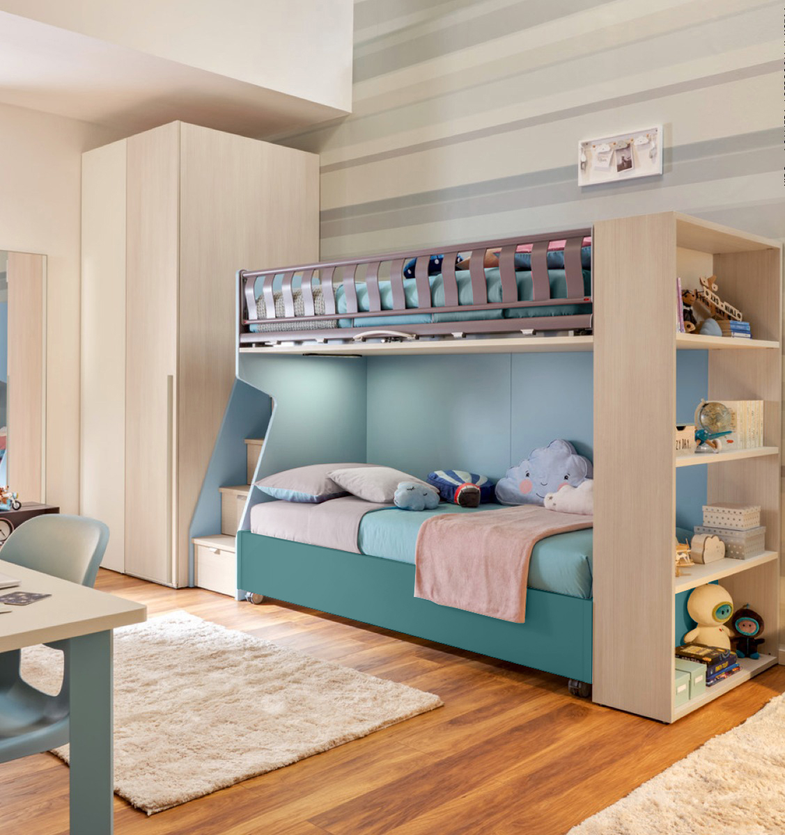 Letto singolo sommier 80x200 con ruote Moretti Compact, finitura Pavone