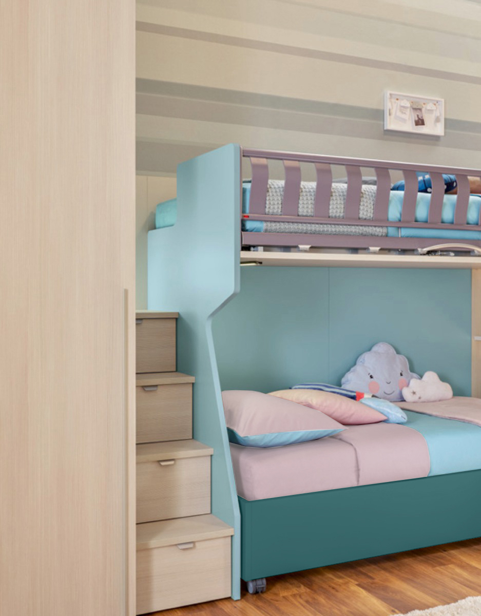 Letto singolo sommier 80x200 con ruote Moretti Compact, finitura Pavone