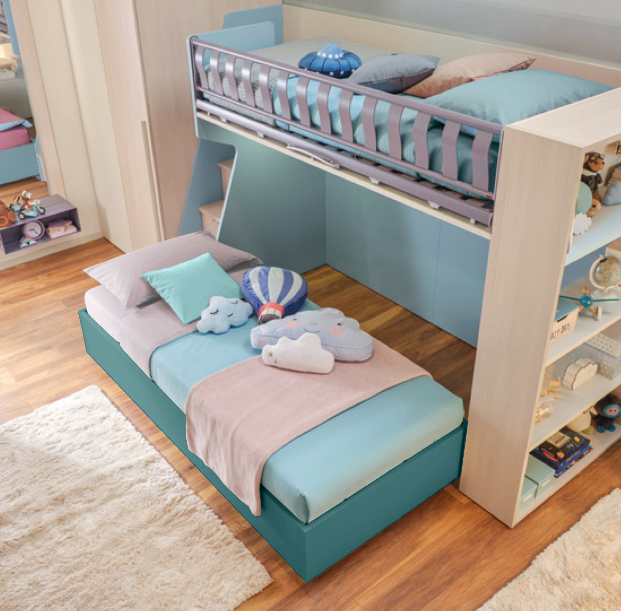 Letto singolo sommier 80x200 con ruote Moretti Compact, finitura Pavone