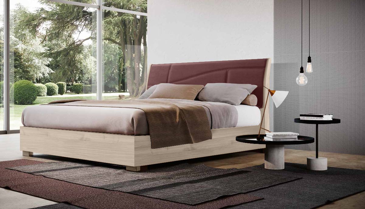 Letto matrimoniale king size finitura Olmo Natura e Bordeaux