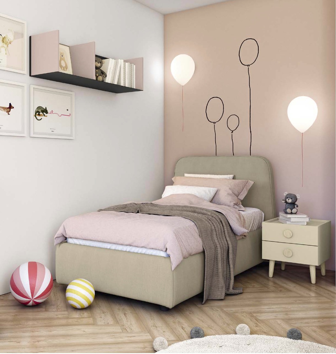 Letto singolo contenitore imbottito in tessuto Zinc