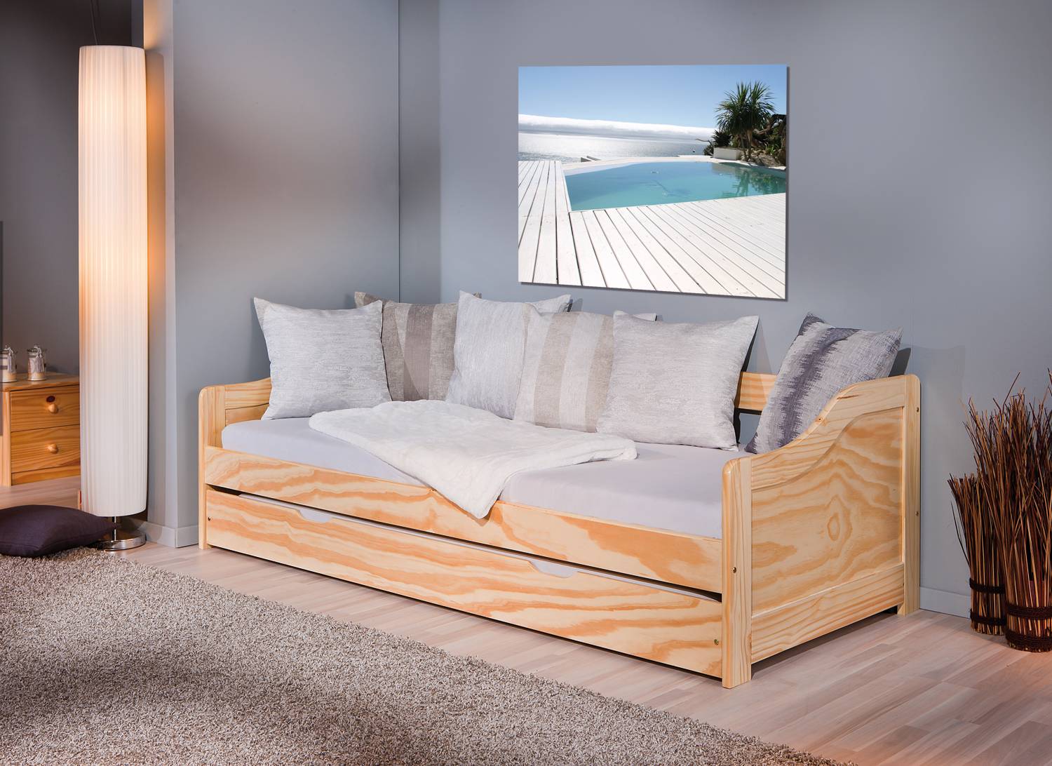 Divano letto con secondo letto ad estrazione in legno naturale, doghe incluse