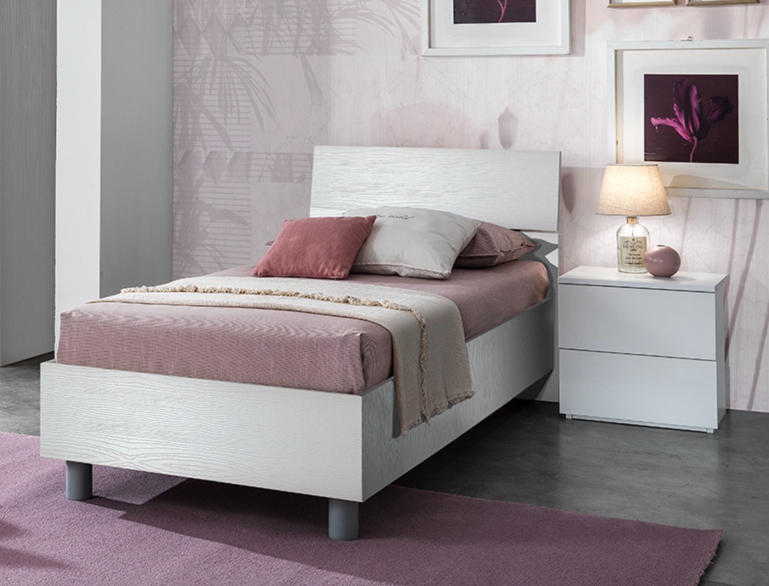 Letto singolo di design, con finitura in bianco frassinato