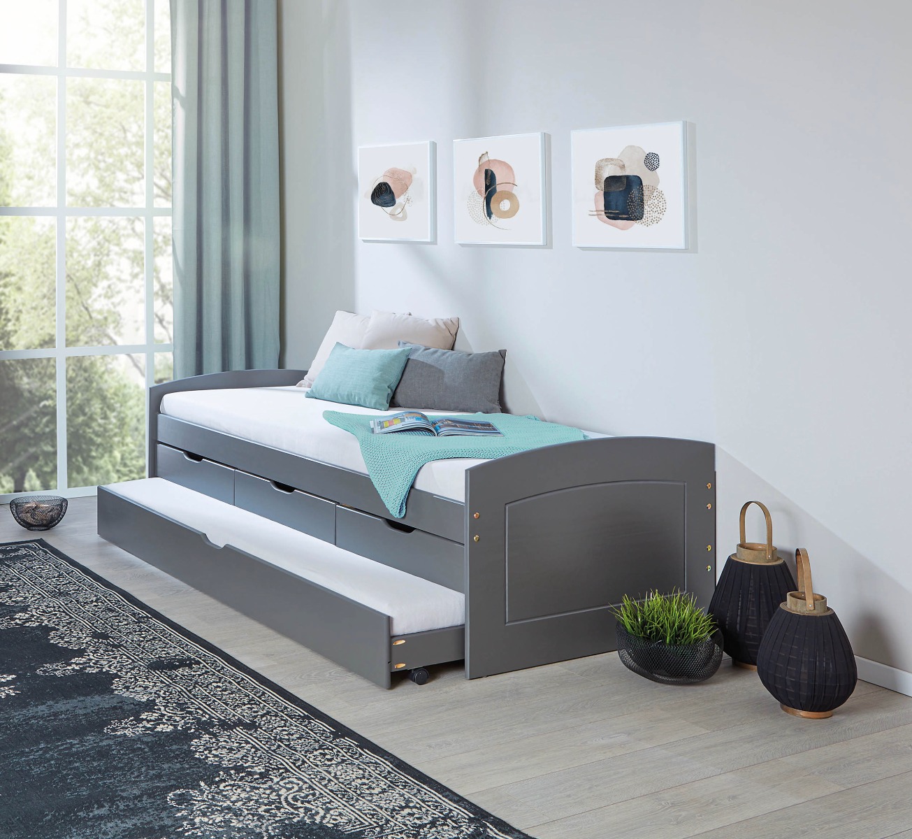 Letto con secondo letto estraibile con ruote e 3 cassetti, colore grigio