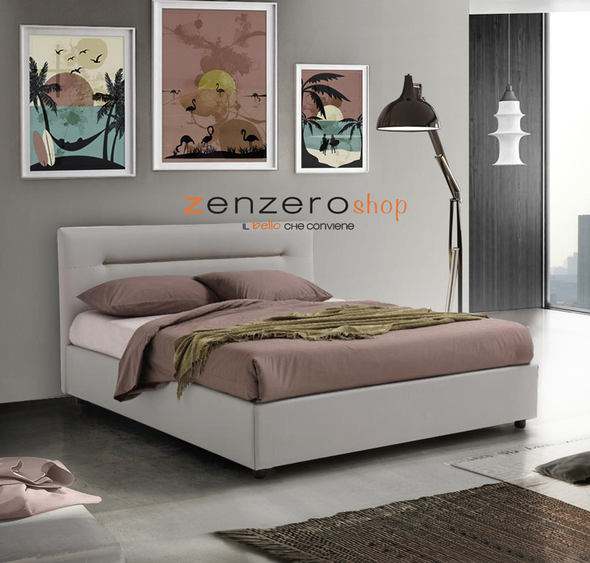 Letto matrimoniale con contenitore, ecopelle color Piuma Bianco