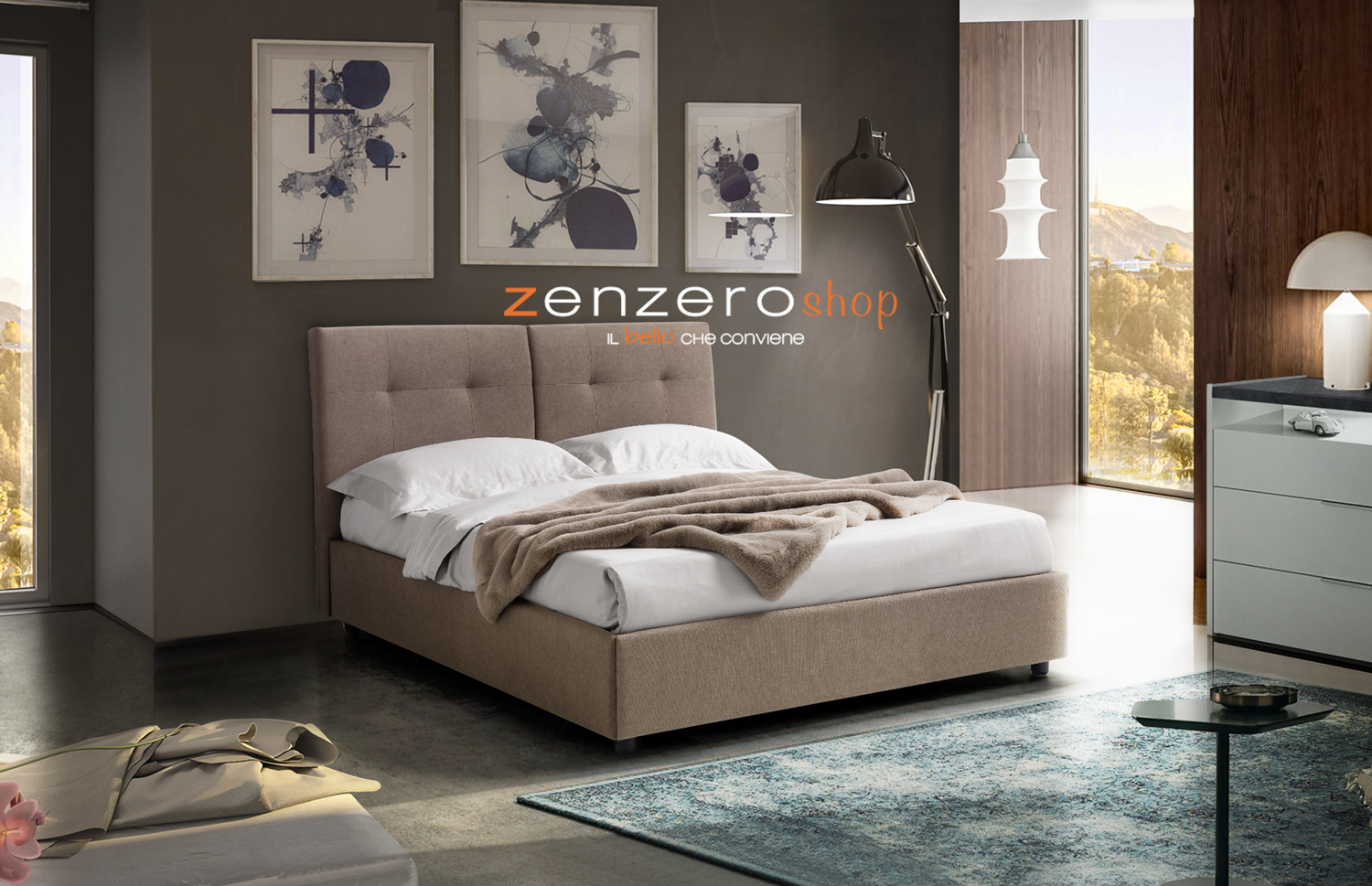 Letti matrimoniali con cassettone, letto in tessuto color Roma Marrone