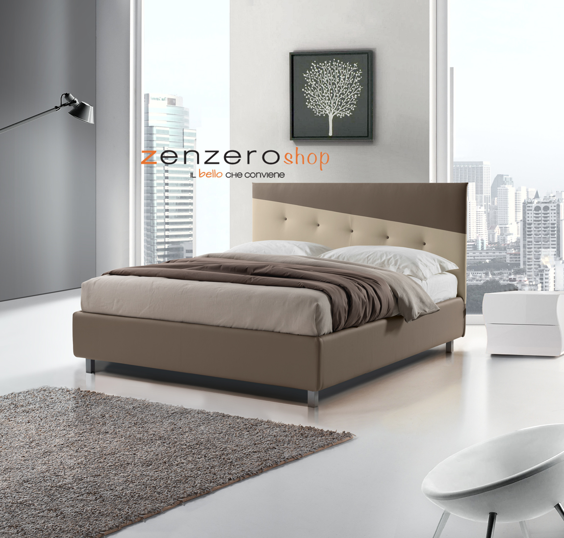 Letto matrimoniale Menkar con contenitore in finitura tortora e beige