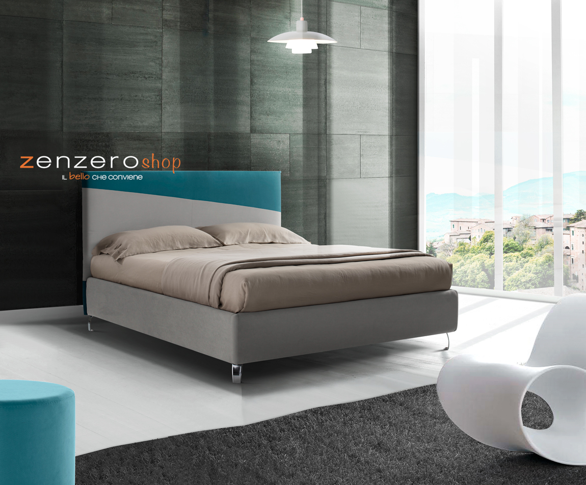 Letto matrimoniale Arturo con contenitore in finitura azzurro e grigio perla