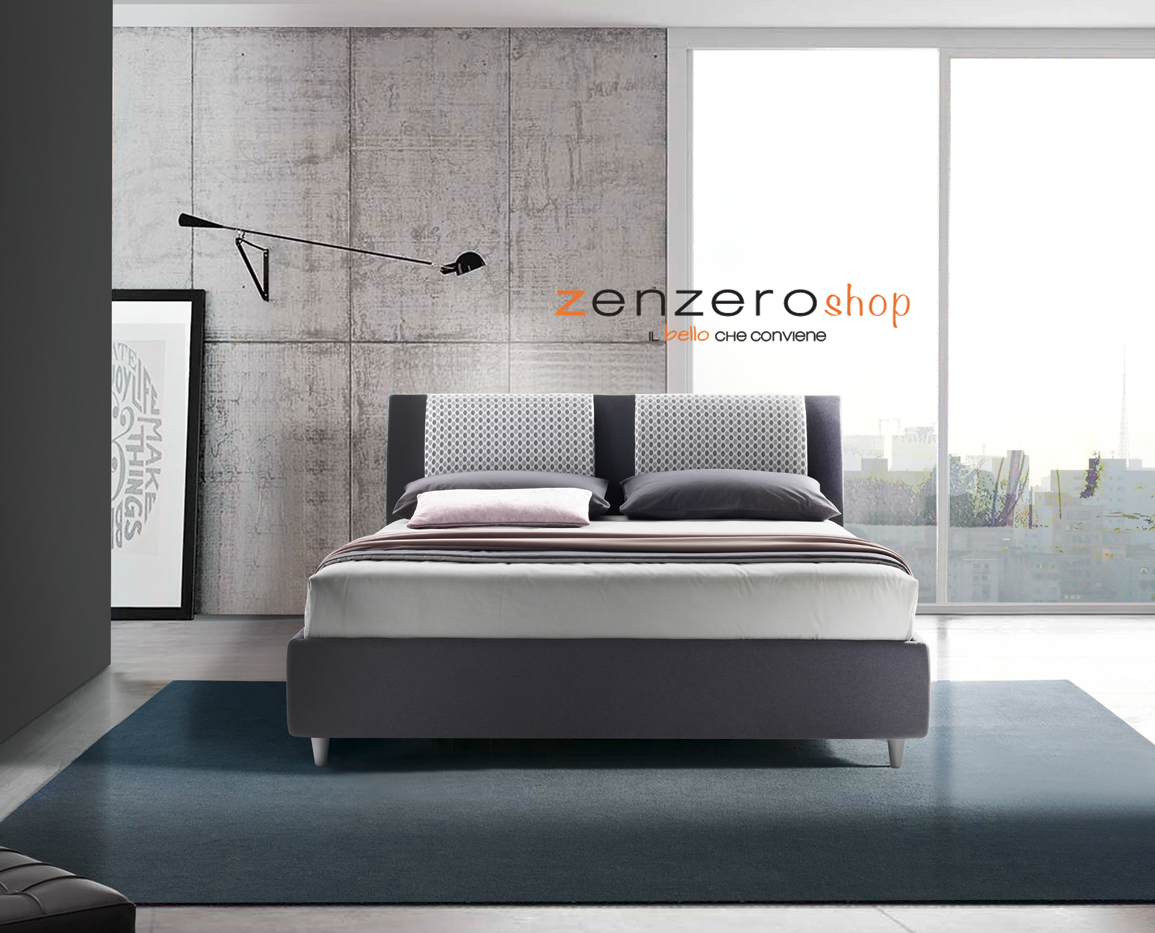 Letto matrimoniale Hoedus con contenitore in tessuto con cuscini in fantasia