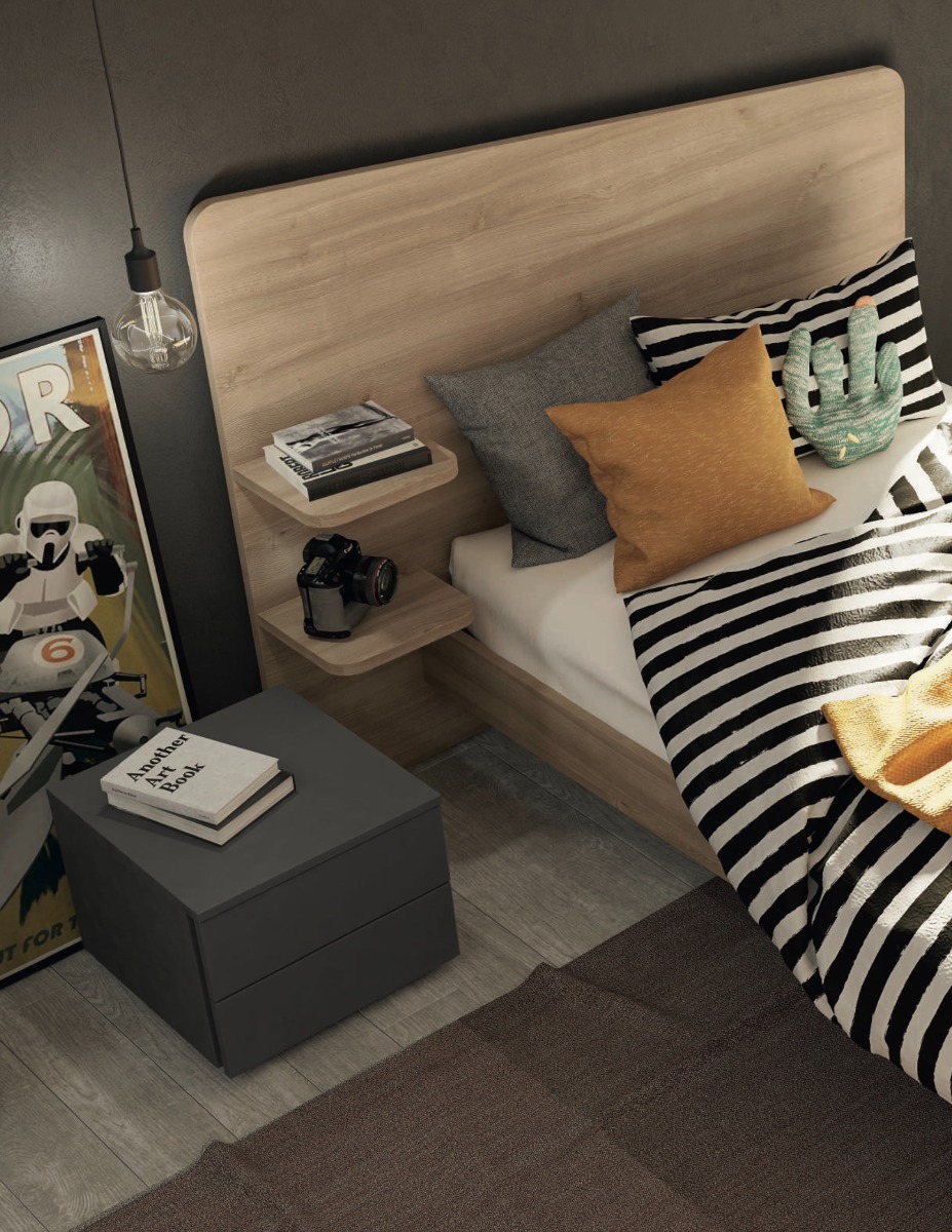 Camera con letto 1 piazza e mezza in finitura Grigio titanio e Royal Oak