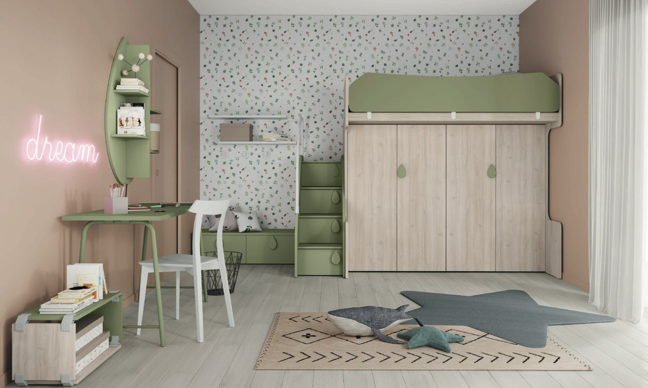 Letti a castello 1 posto letto e un armadio, Papaya e Oliva