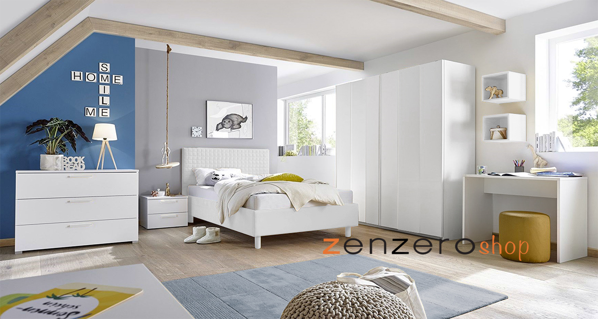 Cameretta moderna con letto in ecopelle bianco e armadio vertigo bianco H.230