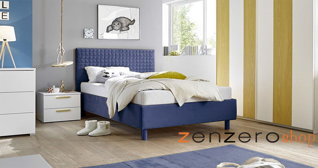 Letto Square blu in tessuto imbottito una piazza e mezza, testiera riquadrata