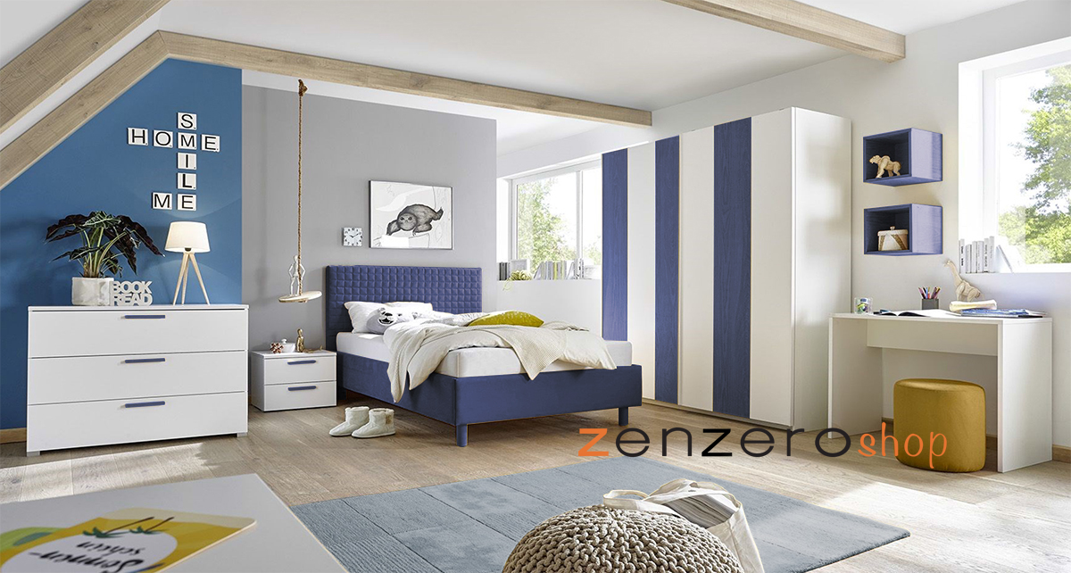 Letto Square blu in tessuto imbottito una piazza e mezza, testiera riquadrata