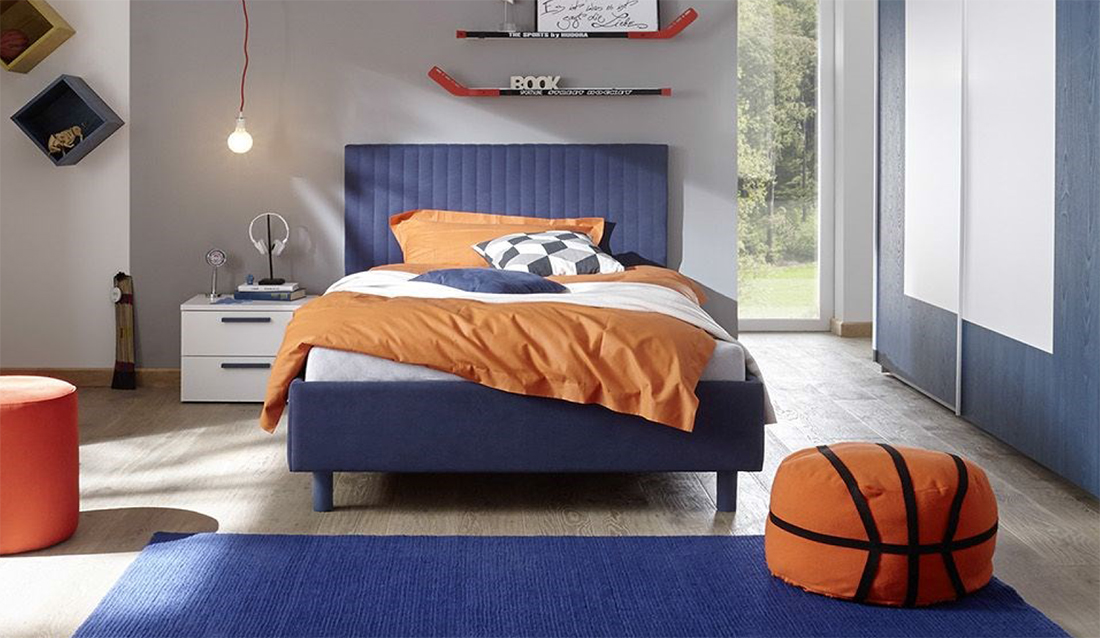 Cameretta moderna con letto una piazza mezza, armadio scorrevole e comodino, finitura Blu