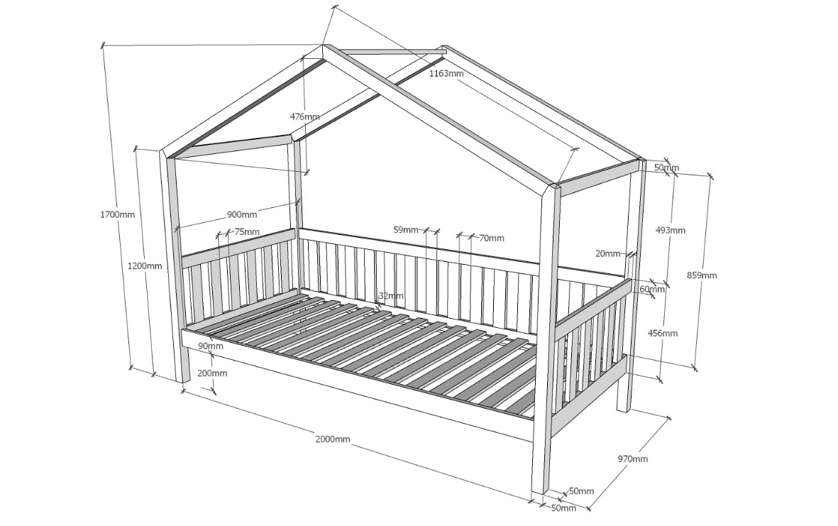 Letto montessoriano pino massello, design a casetta, disponibili 3 finiture