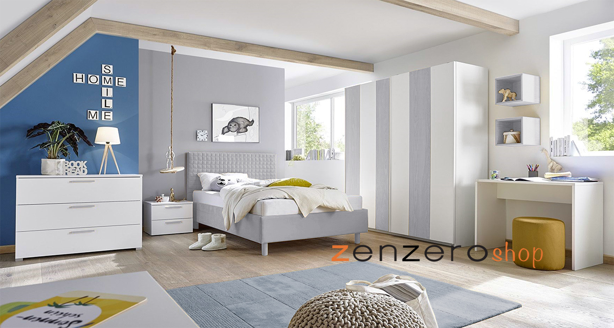 Cameretta moderna con letto imbottito e armadio vertigo grigio